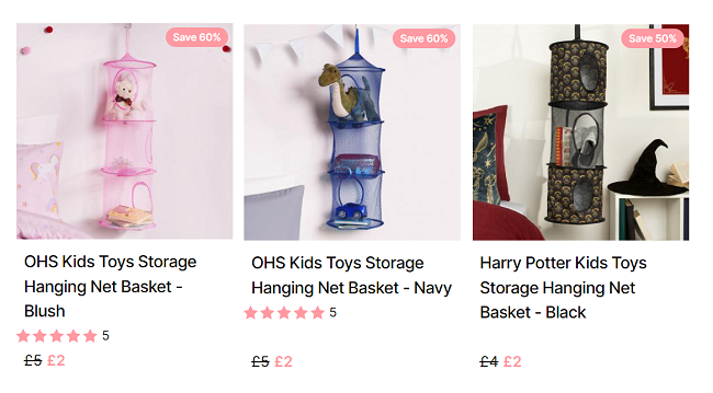 Screenshot showing Kids Toys Storage Hanging Net Baskets for £2 each at Online Home Shop