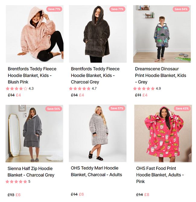 Screenshot showing Hoodie Blankets from £4 at Online Home Shop