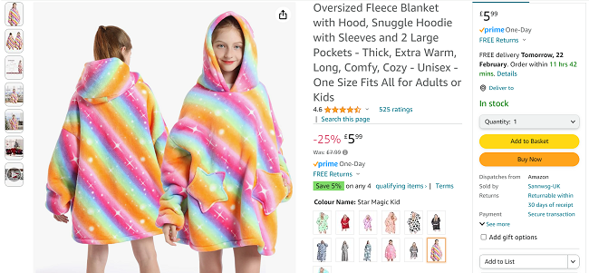 Screenshot showing Kids Wearable Oversized Fleece Blanket with Hood for £5.99 at Amazon Sannwsg-UK