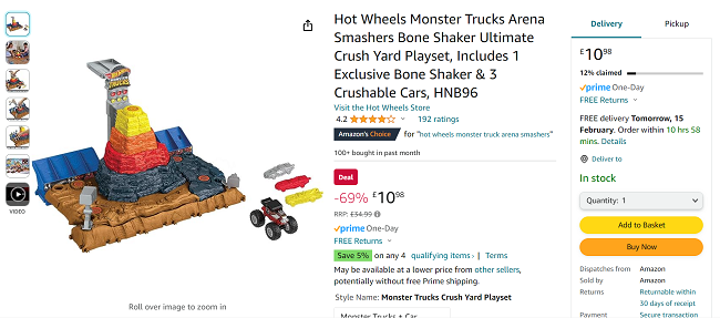 Screenshot showing Hot Wheels Monster Trucks Arena Smashers Bone Shaker Ultimate Crush Yard Playset for £10.98 at Amazon