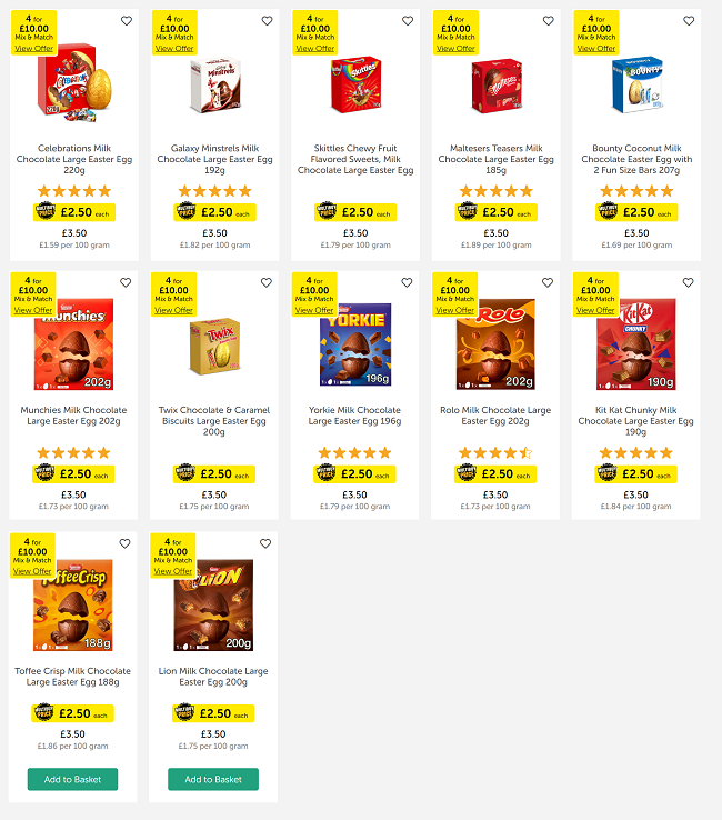 Screenshot showing 4 For £10 on selected Large Easter Eggs offer at Iceland