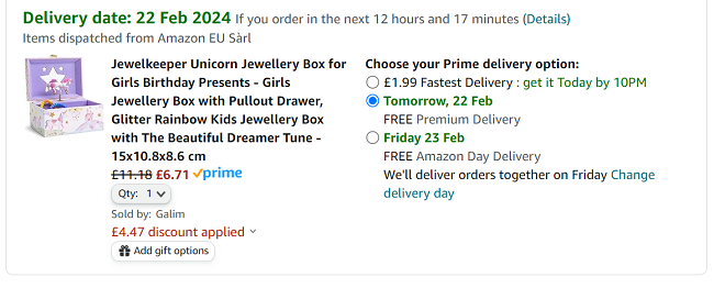 Screenshot showing Jewelkeeper Musical Jewellery Box for £6.71 with voucher at Amazon / Galim
