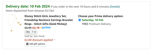 Screenshot showing Disney Necklace & Earrings Set for £4.19 at Amazon seller Get Trend