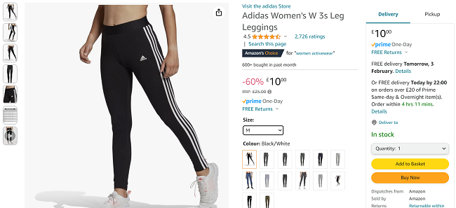 Screenshot showing Adidas Women's 3 Stripes Leggings Black for £10 at Amazon