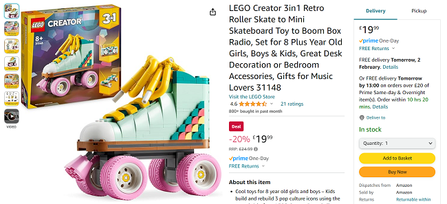 Screenshot showing LEGO 3-in-1 Retro Roller Skate to Mini Skateboard to Boom Box Radio Set for £19.99 at Amazon