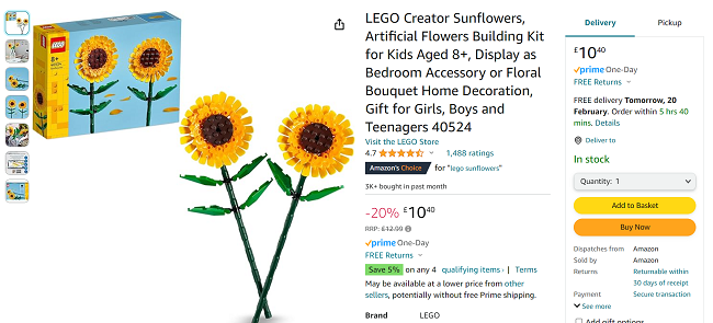 Screenshot showing LEGO Creator Sunflowers for £10.40 at Amazon