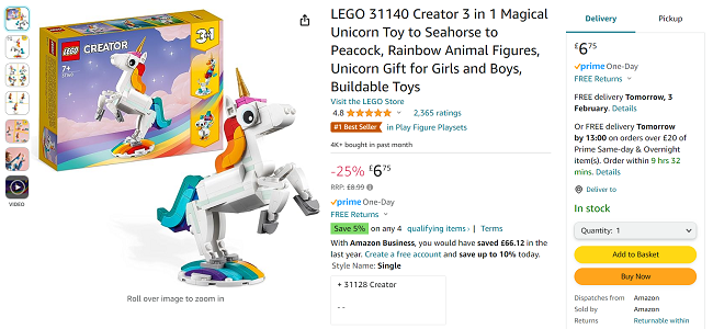 Screenshot showing LEGO 31140 Creator 3 in 1 Magical Unicorn to Seahorse to Peacock for £6.75 at Amazon