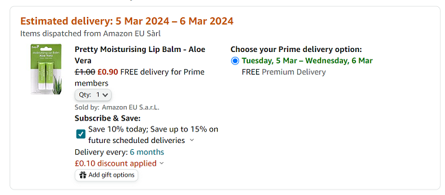 Screenshot of Pretty Moisturising Lip Balm Aloe Vera 2 x 4.3g for 90p at Amazon