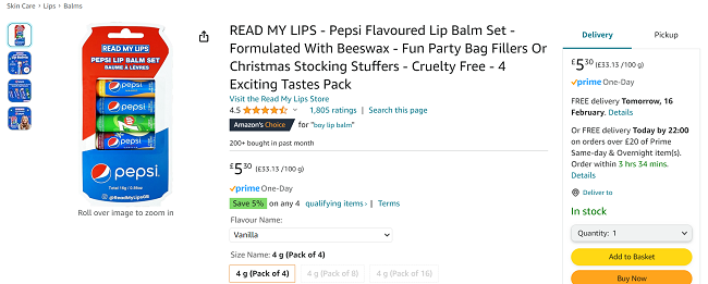 Screenshot showing Read My Lips Pepsi Flavoured Lip Balm Set for £5.30 at Amazon