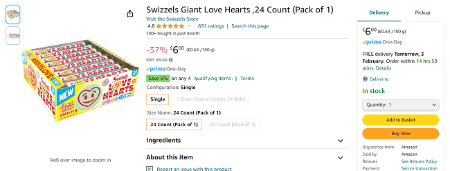 Screenshot showing Swizzels Giant Love Hearts 24 Pack for £6 at Amazon