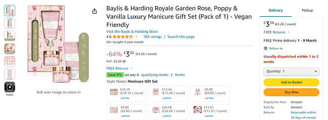 Screenshot showing Baylis & Harding Royale Garden Rose, Poppy & Vanilla Luxury Manicure Gift Set for £3.20 at Amazon