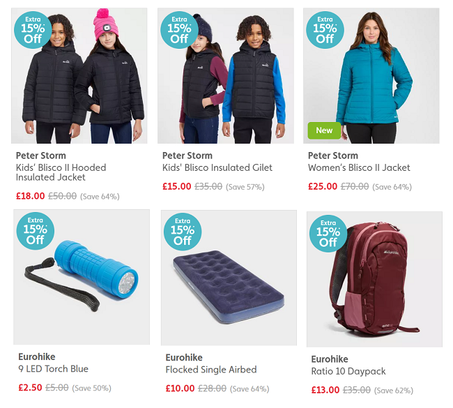 Screenshot of extra 15% off sale at Millets