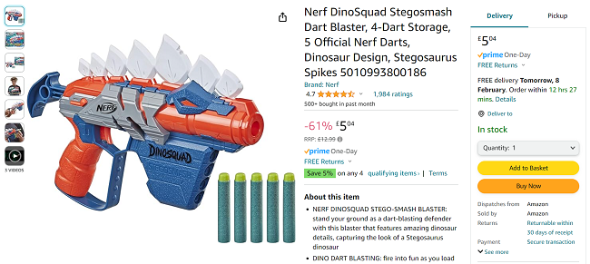 Screenshot showing Nerf DinoSquad Stegosmash Dart Blaster for £5.04 at Amazon