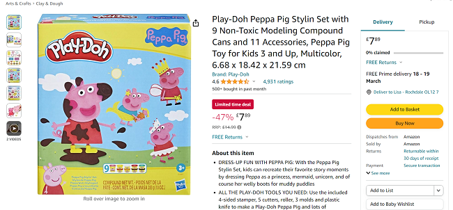 Screenshot showing Play-Doh Peppa Pig Stylin Set for £7.98 at Amazon