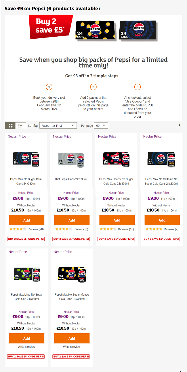 Screenshot of Pepsi Max 24 Can Packs 2 for £13 offer with code & Nectar Card at Sainsbury's