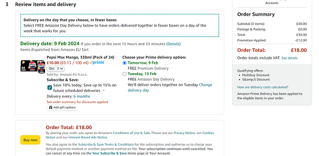 Screenshot showing 3 x Pepsi Max Mango 24 x 330ml Cans for £18 at Amazon