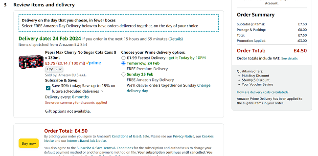 Screenshot showing Pepsi Max No Sugar Cherry 8 x 330ml Cans 2 Packs for £4.50 at Amazon