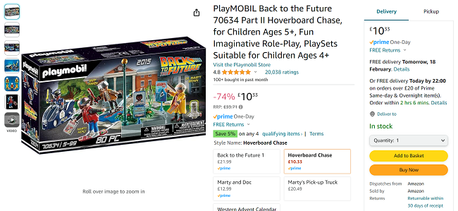 Screenshot showing Playmobil Back to the Future 70634 Part II Hoverboard Chase for £10.33 at Amazon