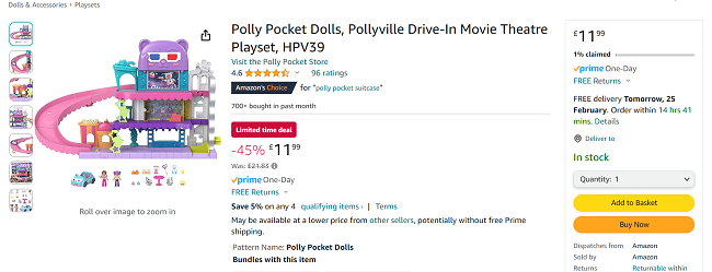 Screenshot showing Polly Pocket Pollyville Drive-In Movie Theatre Playset for £11.99 at Amazon