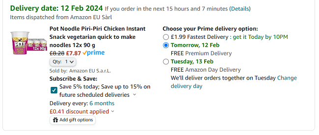 Screenshot showing Pot Noodle Piri-Piri Chicken 12 x 90g for £7.87 at Amazon