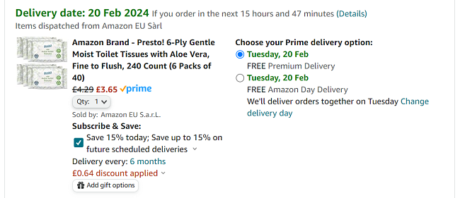 Screenshot showing Presto 6-Ply Gentle Moist Toilet Tissues with Aloe Vera 240 Count (6 Packs of 40) for £3.65 at Amazon