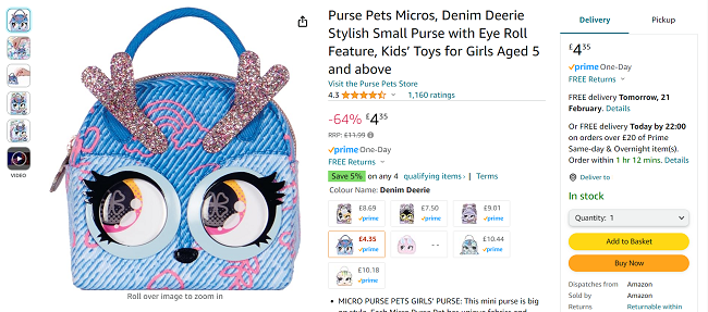 Screenshot showing Purse Pets Micros Denim Deerie for £4.35 at Amazon