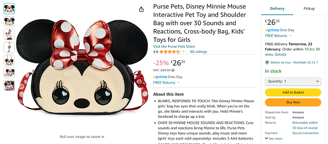 Screenshot showing Purse Pets Disney Minnie Mouse Interactive Pet Bag for £26.25 at Amazon