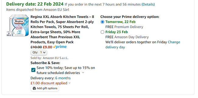 Screenshot showing Regina XXL Absorb Kitchen Roll 8 Rolls for £9 at Amazon