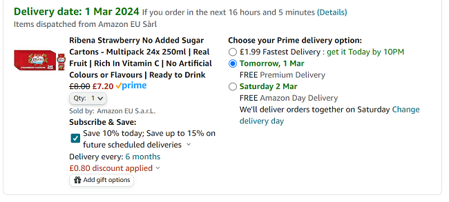 Screenshot showing Ribena Strawberry No Added Sugar Cartons 24 x 250ml for £7.20 at Amazon