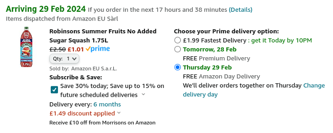 Screenshot showing Robinsons Summer Fruits No Added Sugar Squash 1.75L for £1.01 at Amazon