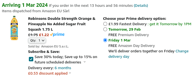 Screenshot showing Robinsons Double Strength Orange & Pineapple No Added Sugar Fruit Squash 1.75 L for £1.22 at Amazon