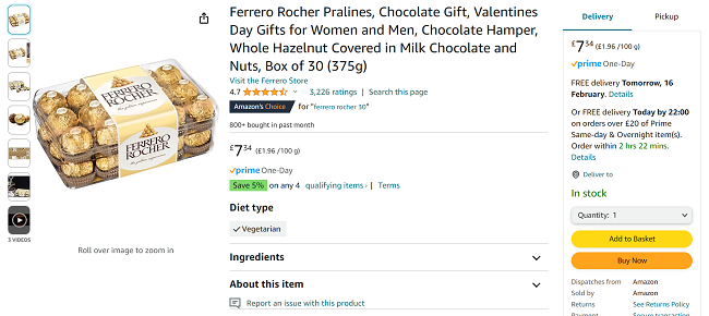 Screenshot showing Ferrero Rocher Box of 30 375g for £7.34 at Amazon