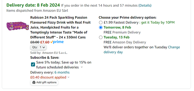Screenshot showing Rubicon Passionfruit 24 x 330ml Cans for £7.60 at Amazon