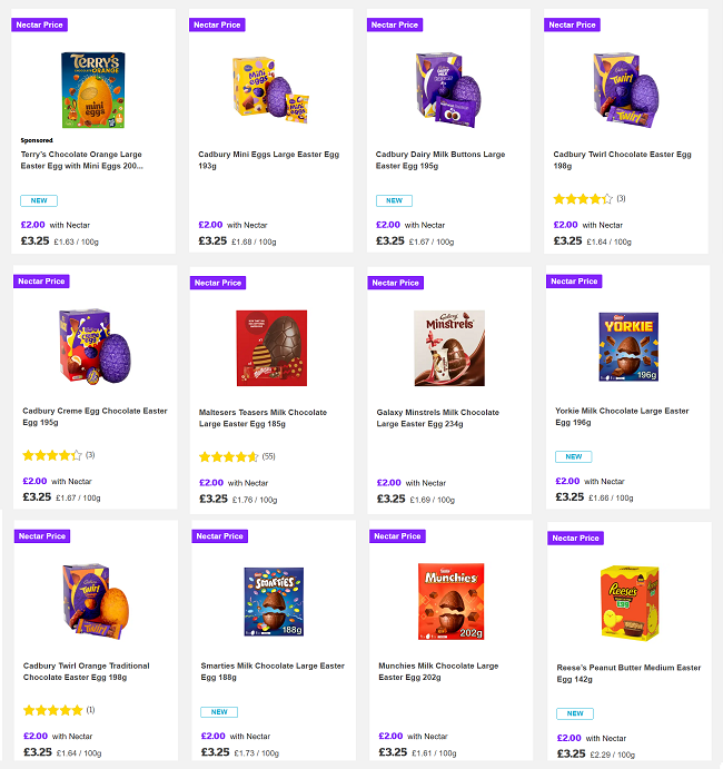 Screenshot showing Large Easter Eggs £2 Each With Nectar Card offer at Sainsbury's