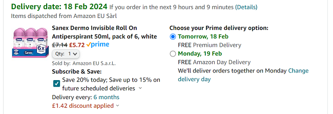 Screenshot showing Sanex Dermo Invisible Roll On Antiperspirant 50ml Pack of 6 for £5.72 at Amazon