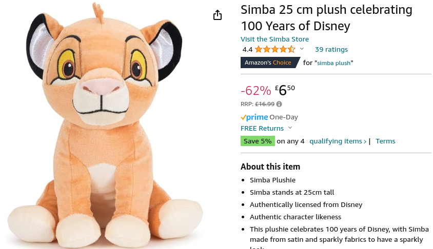Simba 100 Years Of Disney 25cm Plush £6.50 @ Amazon