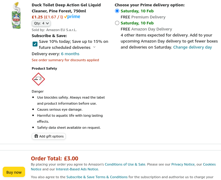 Duck Liquid Toilet Cleaner Deep Action Gel 4 for £3 @ Amazon