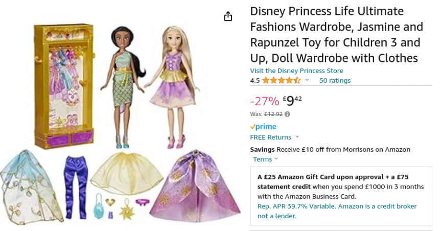 Disney Princess Ultimate Fashions Wardrobe with Jasmine and Rapunzel Dolls £9.42 @ Amazon