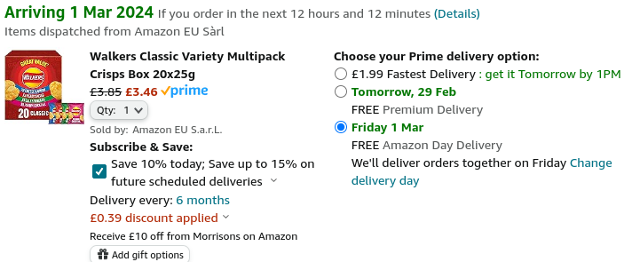 Walkers Multipack Crisps Box 20 x 25g £3.46 @ Amazon