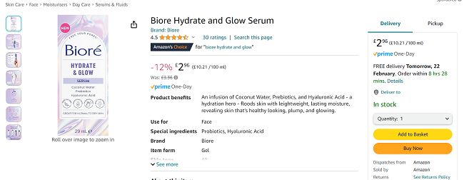 Screenshot showing Biore Hydrate and Glow Serum for £2.96 at Amazon