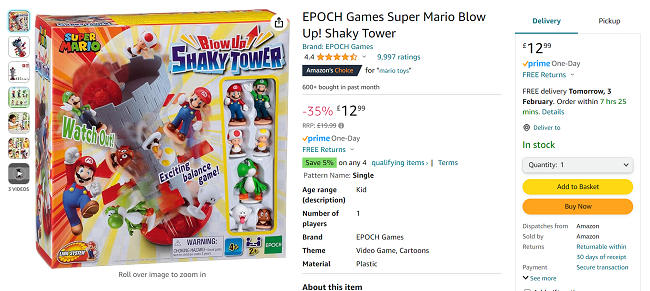 Screenshot showing Super Mario Blow Up Shaky Tower Game for £12.99 at Amazon