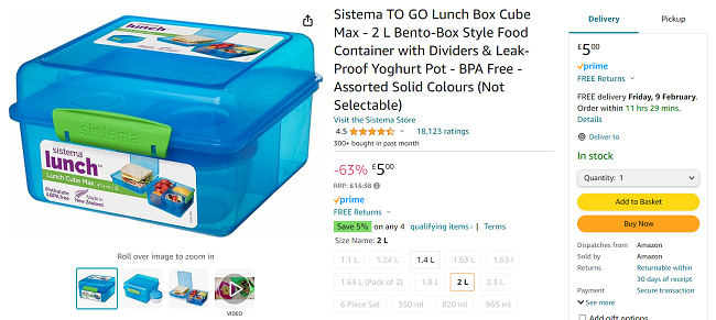 Screenshot showing Sistema To Go 2 L Bento-Box Style With Dividers & Pot for £5 at Amazon