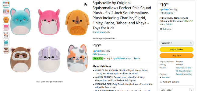 Screenshot showing Squishville by Original Squishmallows Perfect Pals Squad for £10.19 at Amazon