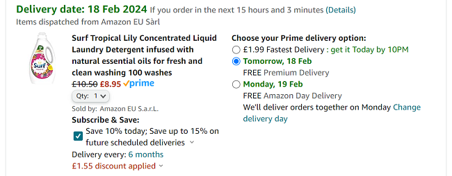 Screenshot showing Surf Tropical Lily Concentrated Liquid Laundry Detergent 100 Wash for £8.95 at Amazon