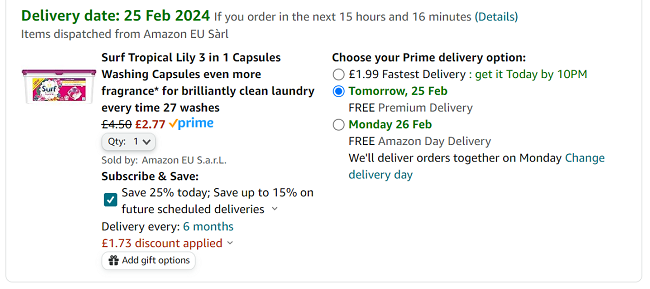 Screenshot showing Surf Tropical Lily 3 in 1 Capsules Washing Capsules 27 Washes for £2.77 at Amazon