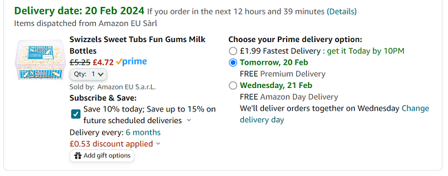 Screenshot showing Swizzels Sweet Tub 120 Gums Milk Bottles for £4.73 at Amazon