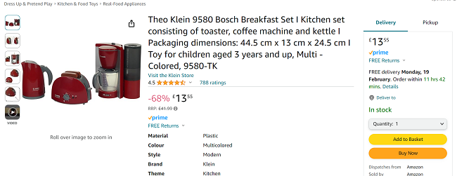 Screenshot showing Theo Klein Bosch Breakfast Playset for £13.55 at Amazon
