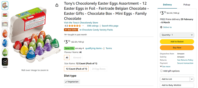 Screenshot showing Tony's Chocolonely Easter Eggs Assortment for £3.75 at Amazon