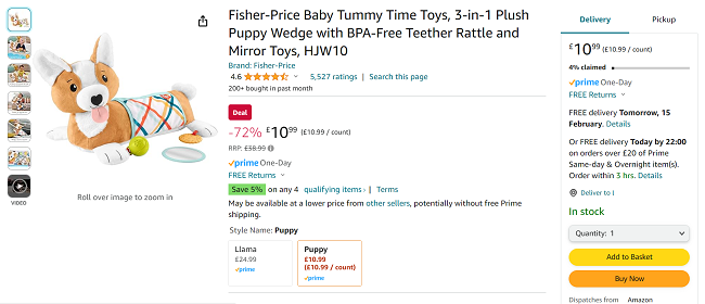 Screenshot showing Fisher-Price Baby Tummy Time Puppy Wedge for £10.99 at Amazon