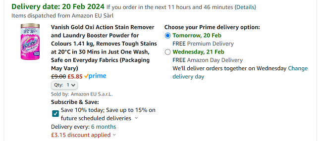 Screenshot showing Vanish Gold Oxi Action Stain Remover & Laundry Booster Powder for Colours 1.41 kg for £5.85 at Amazon